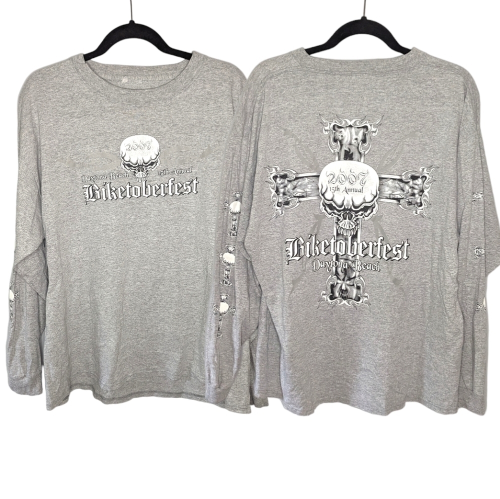 Y2K 2007 Daytona Beach Biketoberfest skull cross grunge long sleeve shirt Large